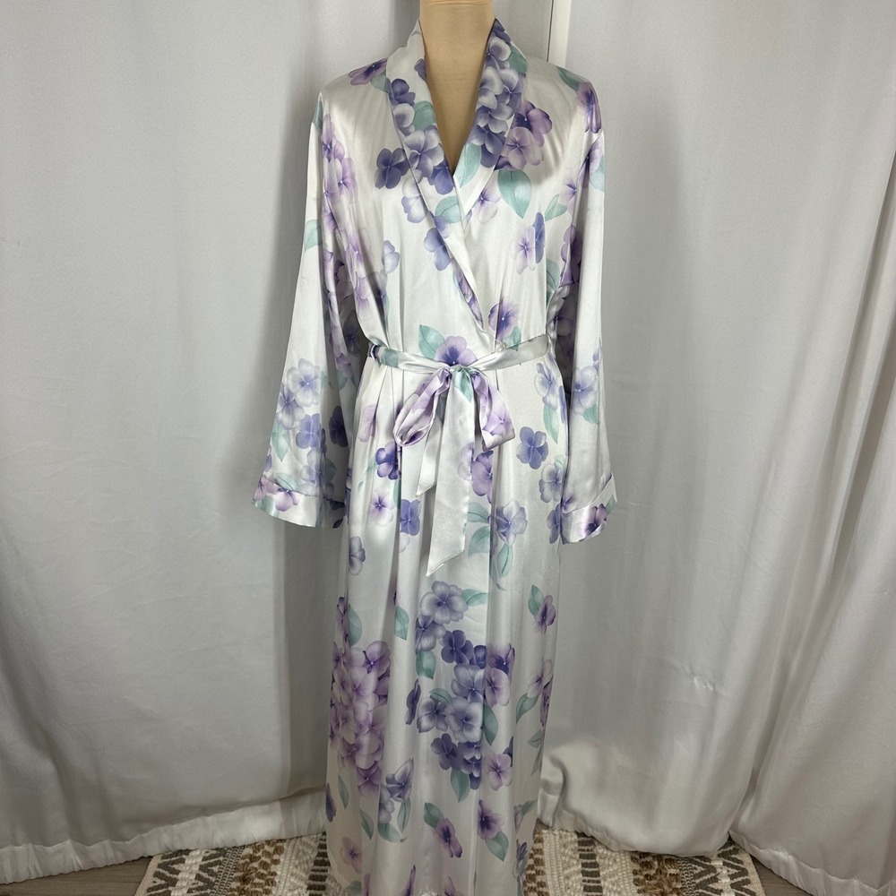 Vintage Halston Floral Satin Robe L/XL Purple Hydrangea Long Belted Lounge READ